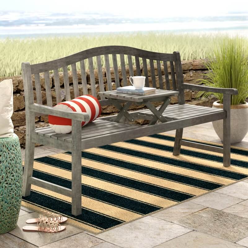 rustic outdoor bench with pop up table