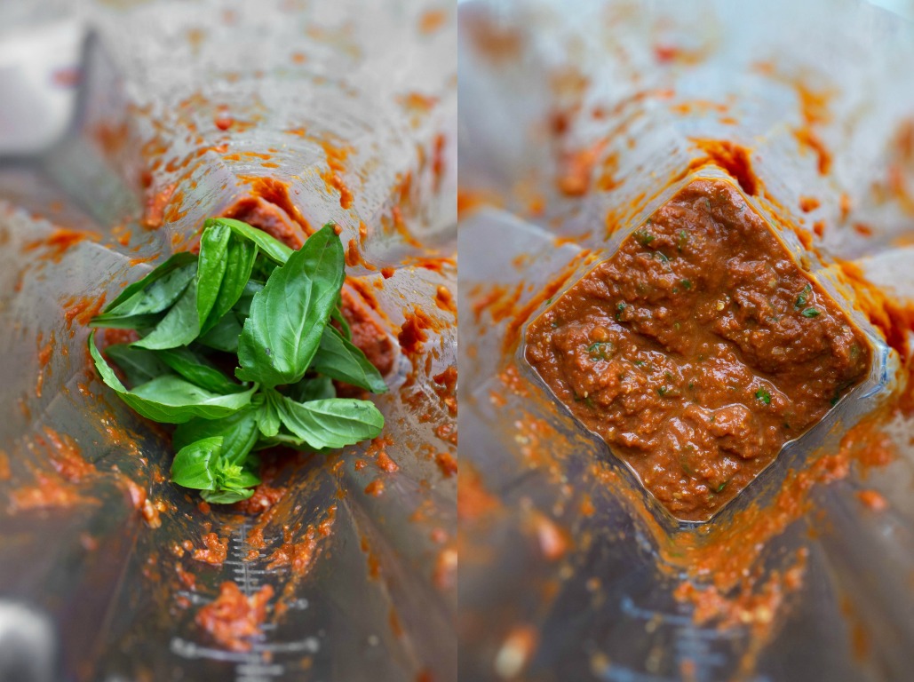 sun-dried tomato pesto in blender with basil