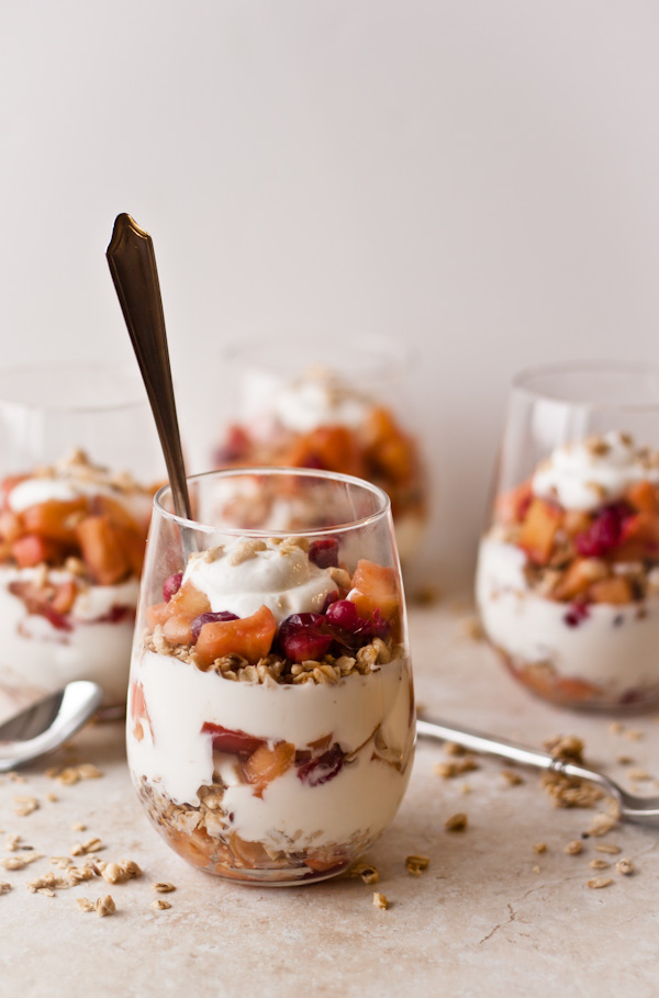 Cranberry apple compote and honey yogurt parfait. An EASY fall-inspired breakfast made with Greek yogurt!