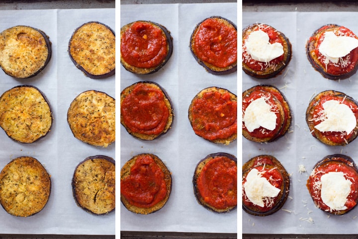 An overhead step-by-step image of assembling Baked Eggplant Parmesan on a baking sheet, before placing in the oven, by layering roasted eggplant, homemade tomato sauce, mozzarella and grated parmesan.