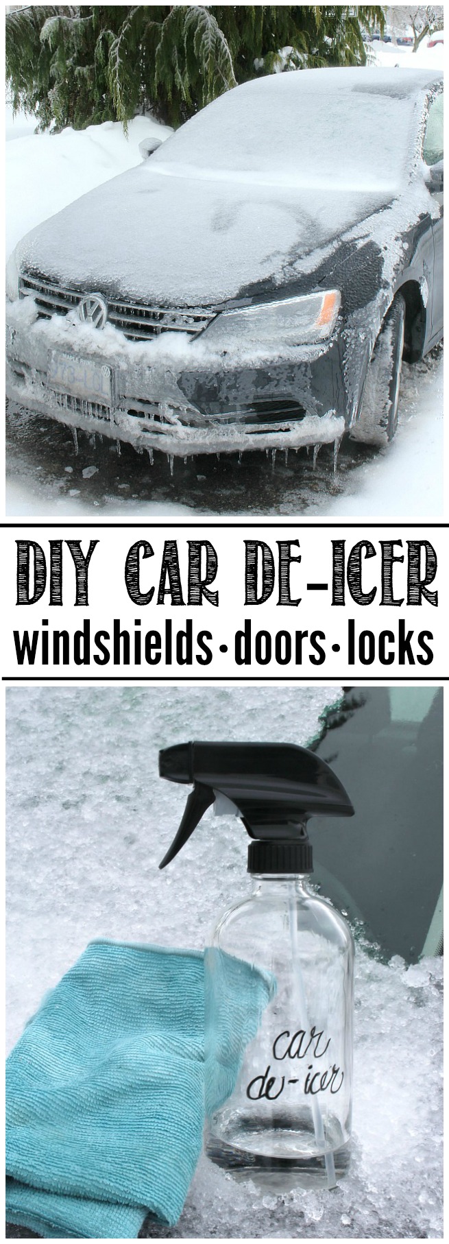 Simple DIY car de-icer.  Makes getting rid of that ice SO easy for windshields, doors, and locks.  A MUST for that winter weather!