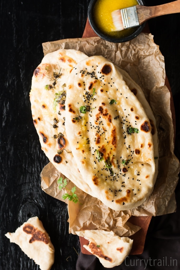 No yeast Instant Naan recipe made on stove top with ghee on side