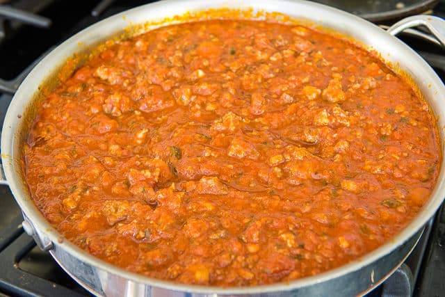 Ground Beef Tomato Meat Filling in Saucepan for Homemade Lasagna Recipe