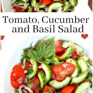 Pinterest collage image for tomato cucumber and basil salad