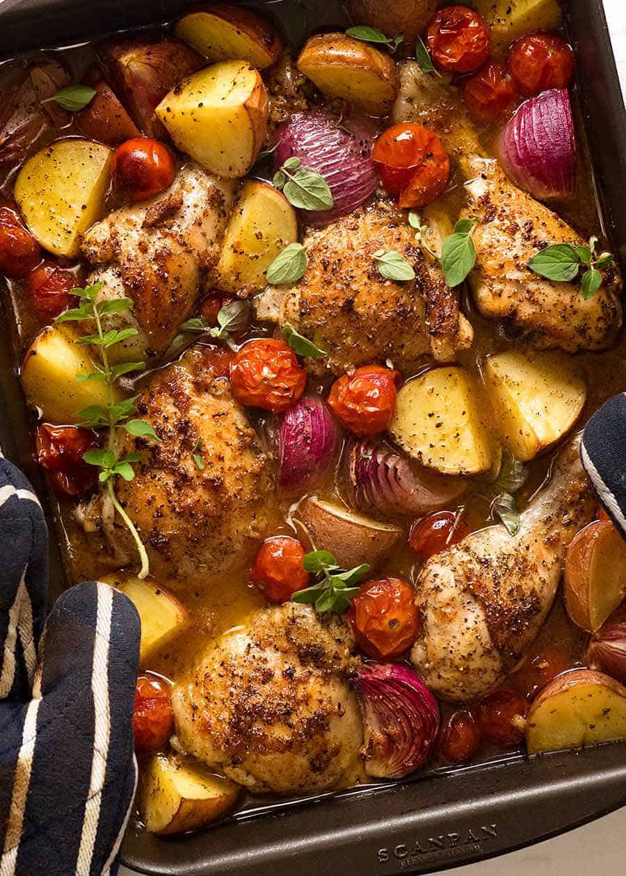 Overhead photo of Mediterranean Baked Chicken Dinner