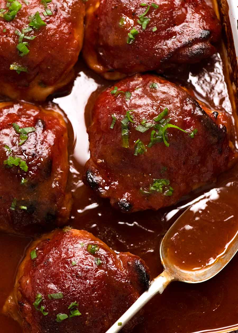 Photo of Oven Baked Barbecue Chicken with Barbecue Sauce in baking dish