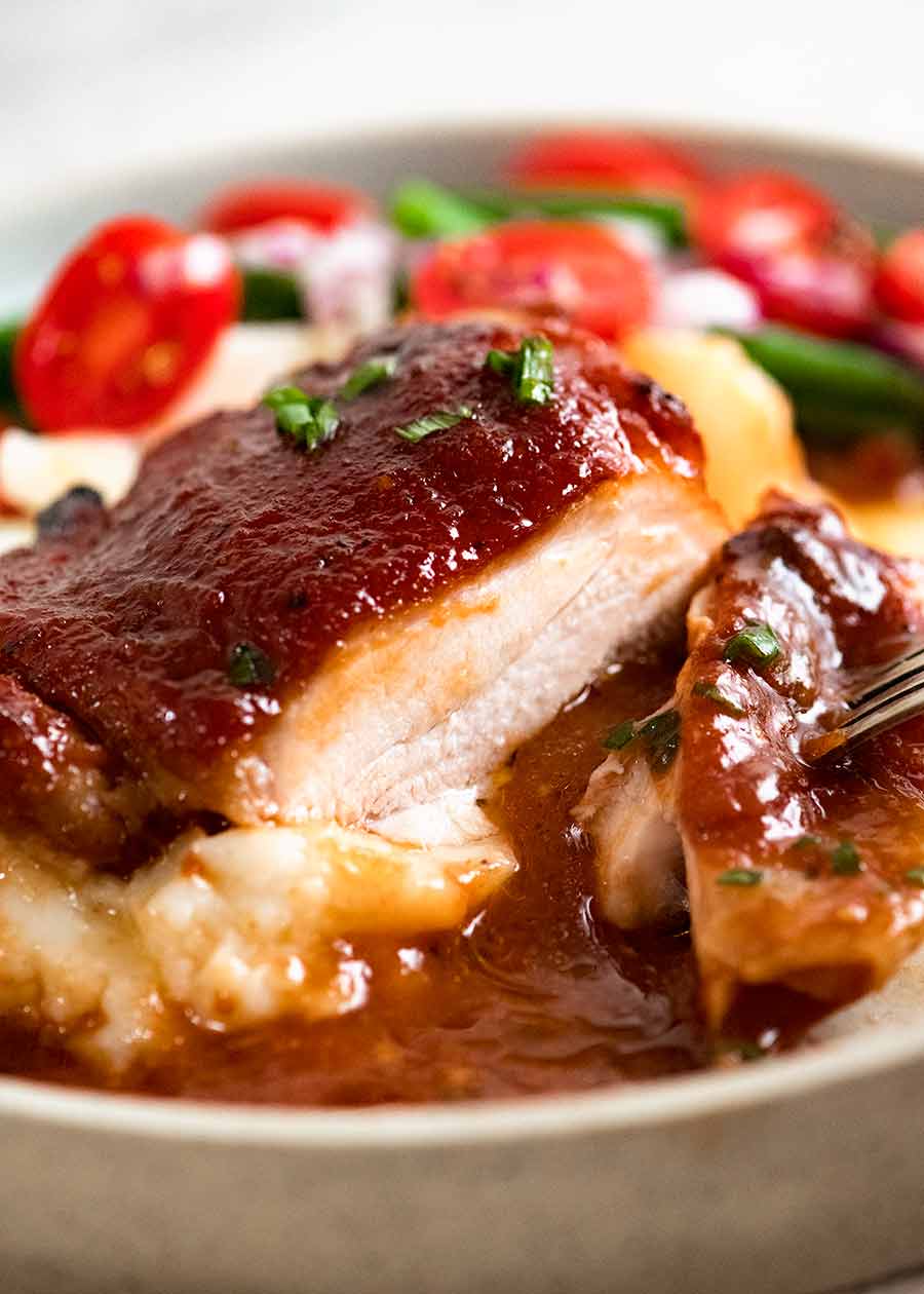 Oven Baked Barbecue Chicken on mashed potato with green bean salad
