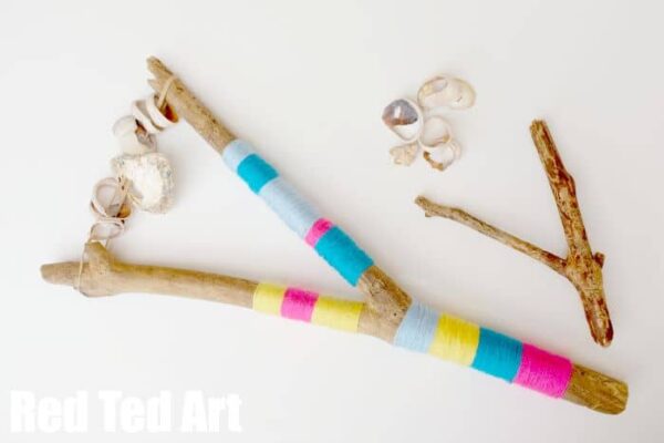 Beach Wood Rattles - jazz up these broken shell & beach wood rattles with some colourful yarn