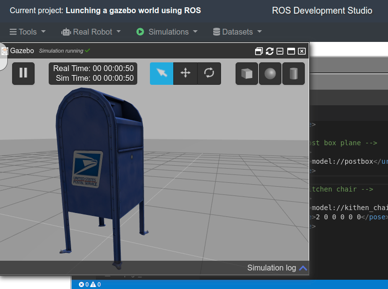 Postbox gazebo simulation loaded in ROSDS